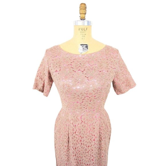 Vintage 50s Lace Cocktail Dress Tan Pink Soutache Sheath | W 26" - Picture 3 of 5